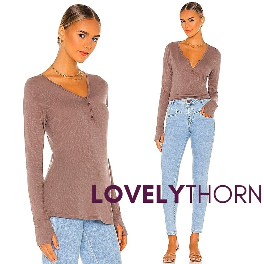 MICHAEL LAUREN // tahoe tee in brown satin 4 button long sleeved henley